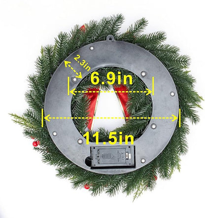 Christmas Wreath 16 Inches, with Metal Hanger, Pre-Lit Artificial Christmas Front Door Wreath Battery Operated with 40 LED Lights Christmas Decorations