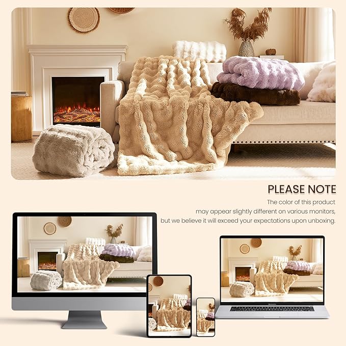 L'AGRATY Faux Rabbit Fur Blanket: 60" x 80" Twin Luxury Soft Fluffy Thick Fur Throw Blanket for Couch Bed Sofa - Cozy Plush Bubble Blankets for Winter: Flannel Fleece Decorative Blanket(Castle Grey)