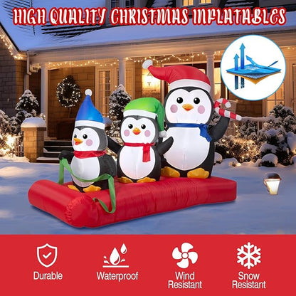 5.1 FT Christmas Inflatables Penguin Family On Sled Scene, Blow up Penguin Decoration Built-in 5 LED, Penguin Sleigh for Christmas Decorations Outdoor Indoor Party Gifts