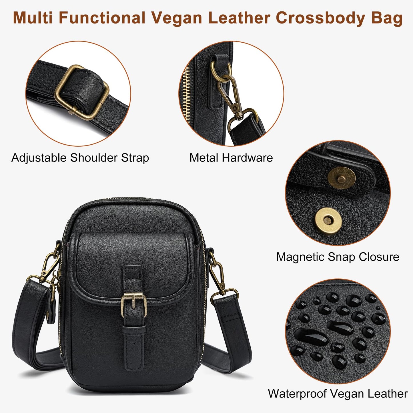 UBORSE Small Crossbody Bags for Women,Soft Vegan Leather Crossbody Handbag Adjustable Strap Travel Purse with Card Slots（Black S+leather strap）