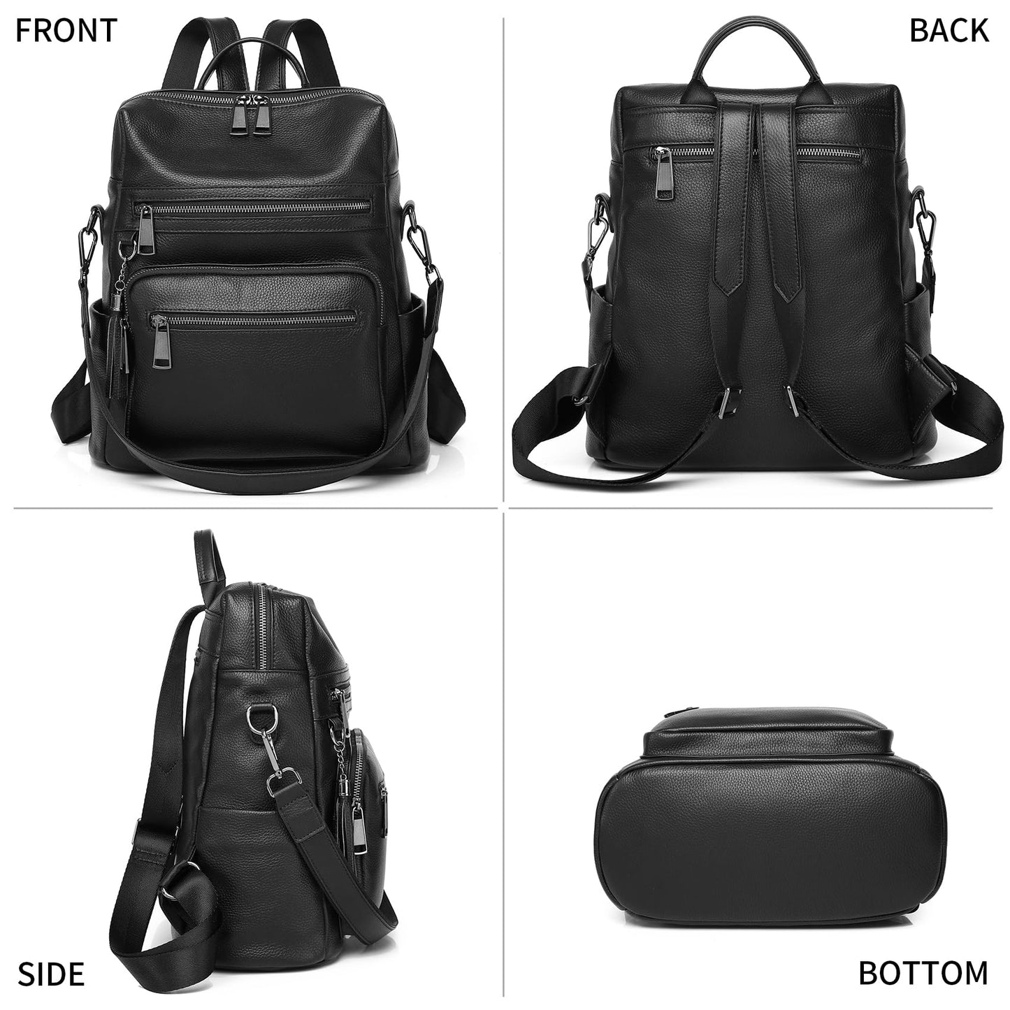 Wesccimo Genuine Leather Backpack Purse For Women Black Real Soft Leather Fashion Designer Convertible Ladies Shoulder Bag
