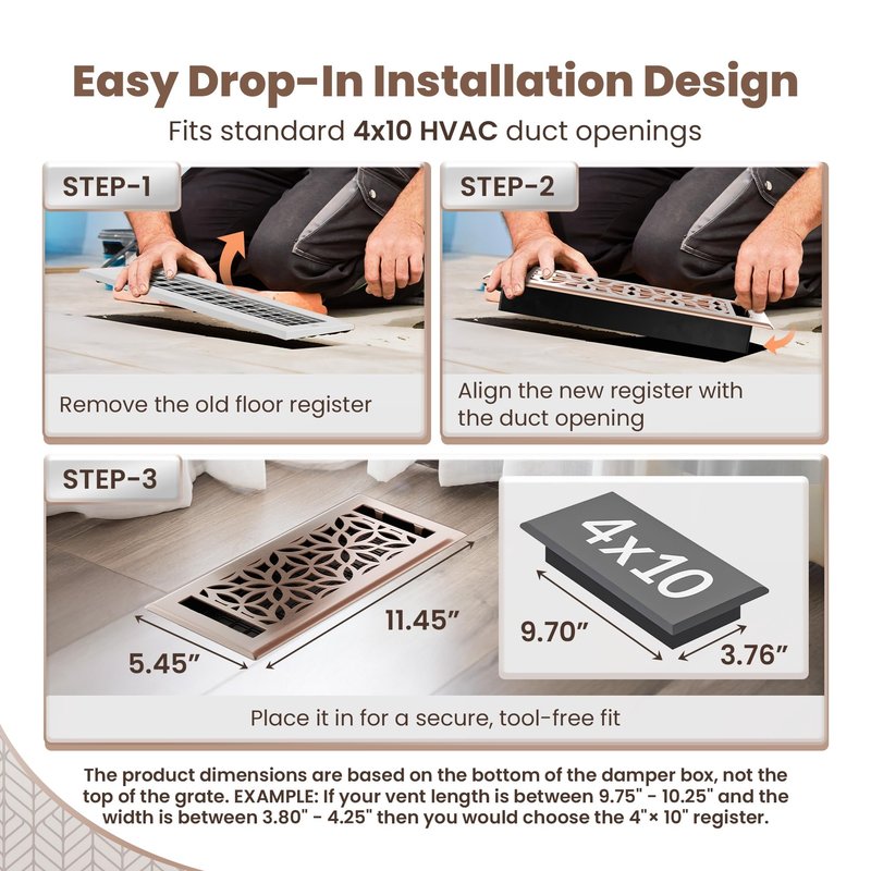 Floor Vent Covers – 4x10 Floor Register – Heavy-Duty Steel, Rustproof & Walkable Grates, Drop-in Install, Adjustable Airflow – Decorative (Floral Satin Rose Bronze, 8 Pack)