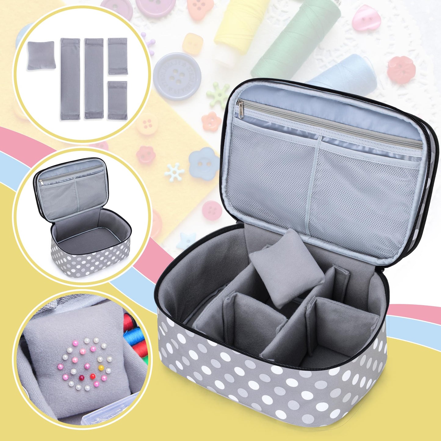 Luxja Double-Layer Sewing Accessories Organizer, Sewing Supplies Organizer for Needles, Thread, Scissors, Measuring Tape and Other Sewing Tools, Large/Polka Dots
