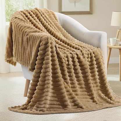 decorUhome Soft Fleece Brown Blanket King Size for Bed, Cozy Fluffy Plush Flannel Large Striped Throws for Couch Sofa, Lightweight Decorative Fuzzy Blanket for Woman, 108x90 Inches