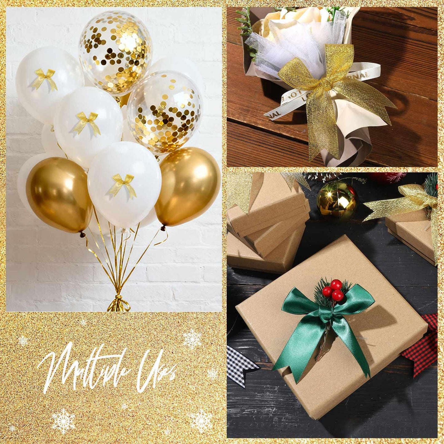 YGDZ Christmas Bows, 50 PCS Twist Tie Christmas Tree Bow, 3.3 Inch Buffalo Plaid Bows Glitter Gold Silver Bow for Crafts, for Christmas Decor, Gift Wrapping, Party