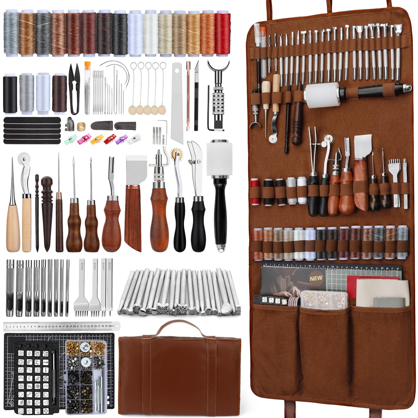 CBHGFEA Leather Working Kit, Leather Working Tools with Custom Storage Bag, leathercraft Supplies, Sanding Supplies for DIY Handicraft Making and Repair
