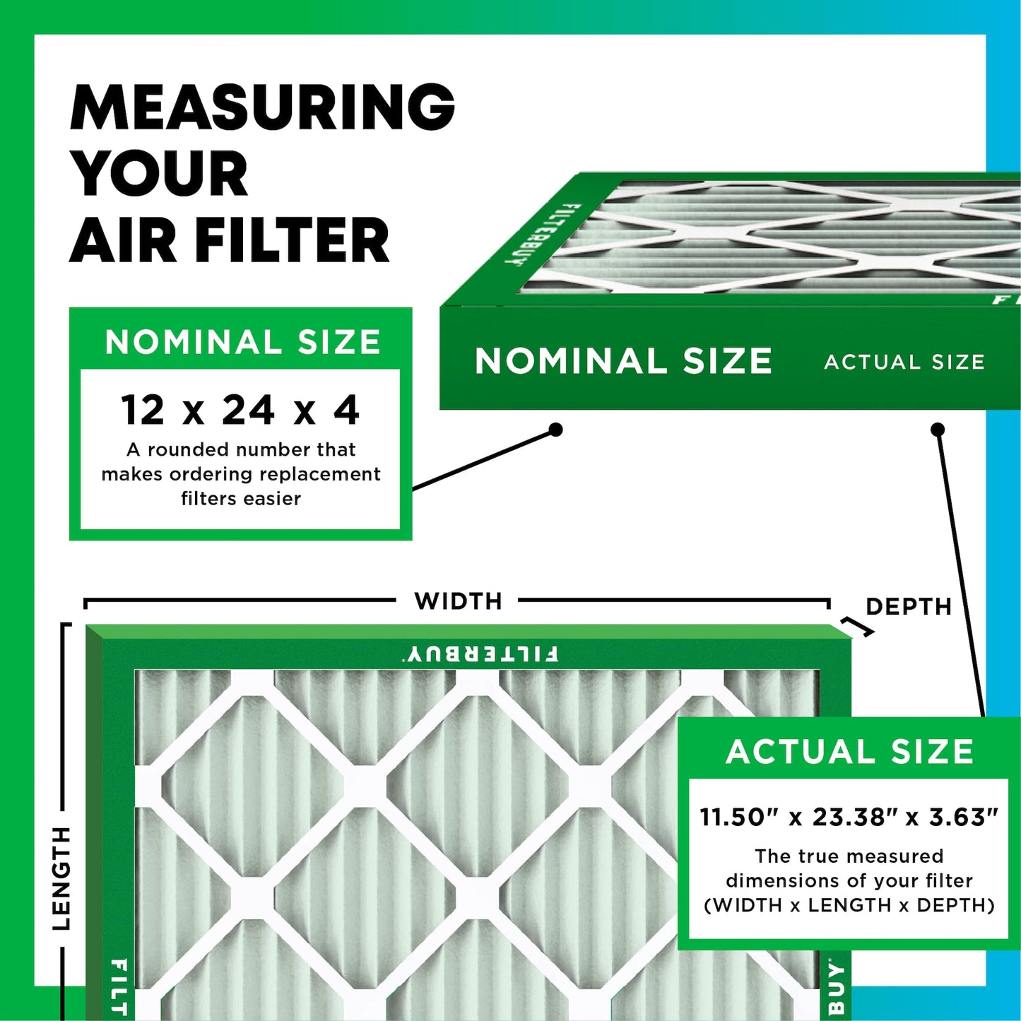 Filterbuy 12x24x4 Air Filter MERV 8 Essential Dust & Allergy Defense (4-Pack), Electrostatic Pleated HVAC AC Furnace Filters Replacement, Made in USA (Actual Size: 11.50 x 23.38 x 3.63)