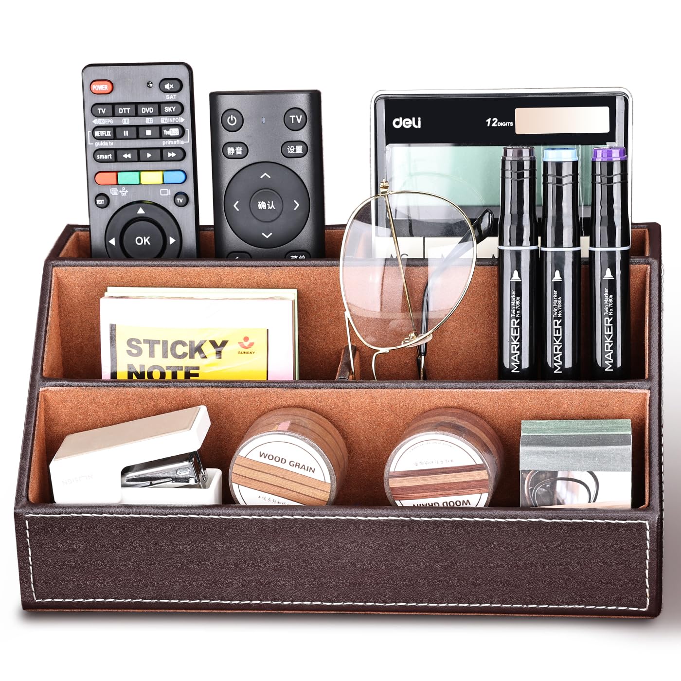 KINGFOM Pu Leather Desk Organizer with 5 Compartments Holder, Multi-Functional Office Supplies Storage Caddy for Pen/Pencil, Phones, Remote Controller and Desktop Accessorie Brown