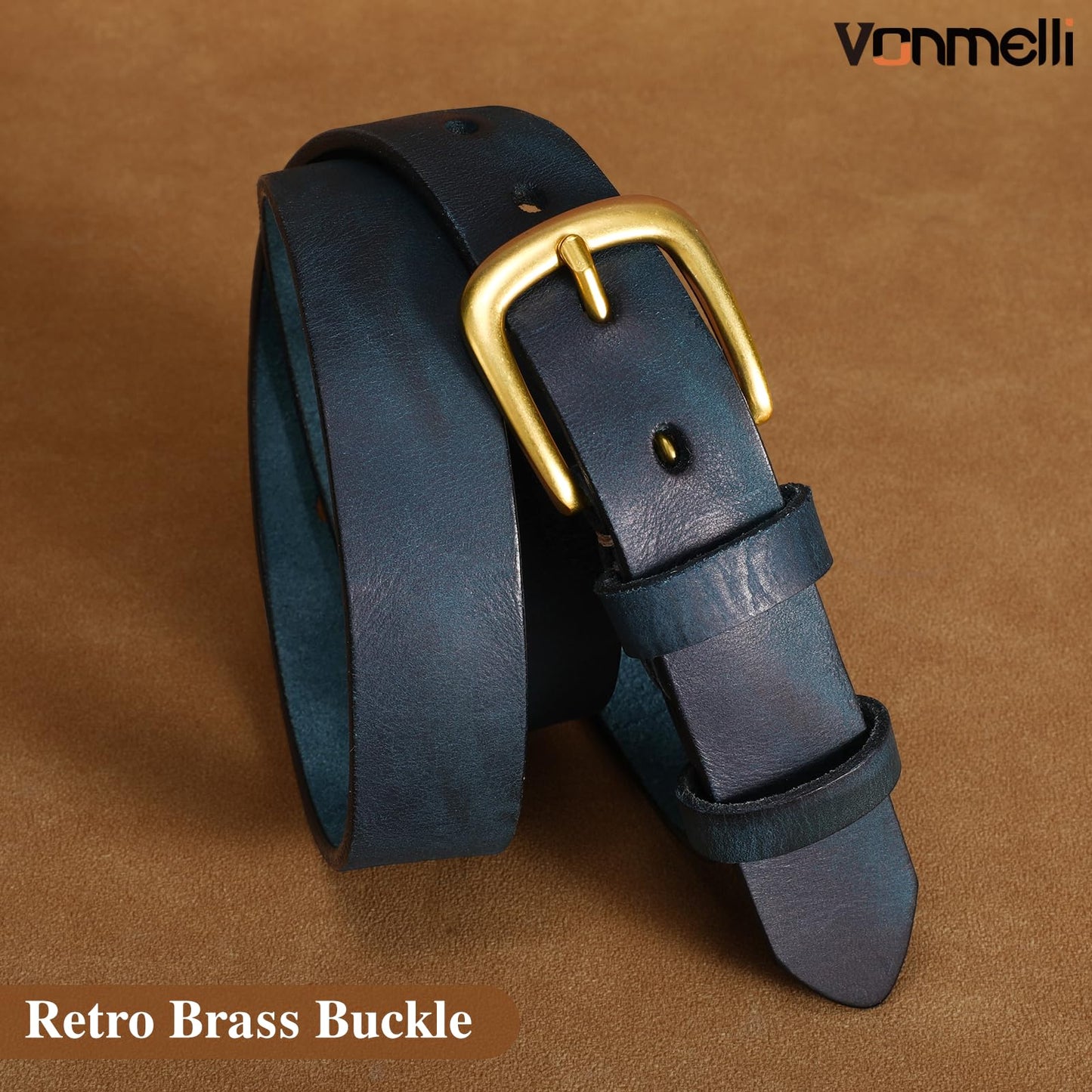 VONMELLI Womens Genuine Leather Belts for Jeans Pants Ladies Navy Full Grain Belt With Vintage Gold Buckle, XL