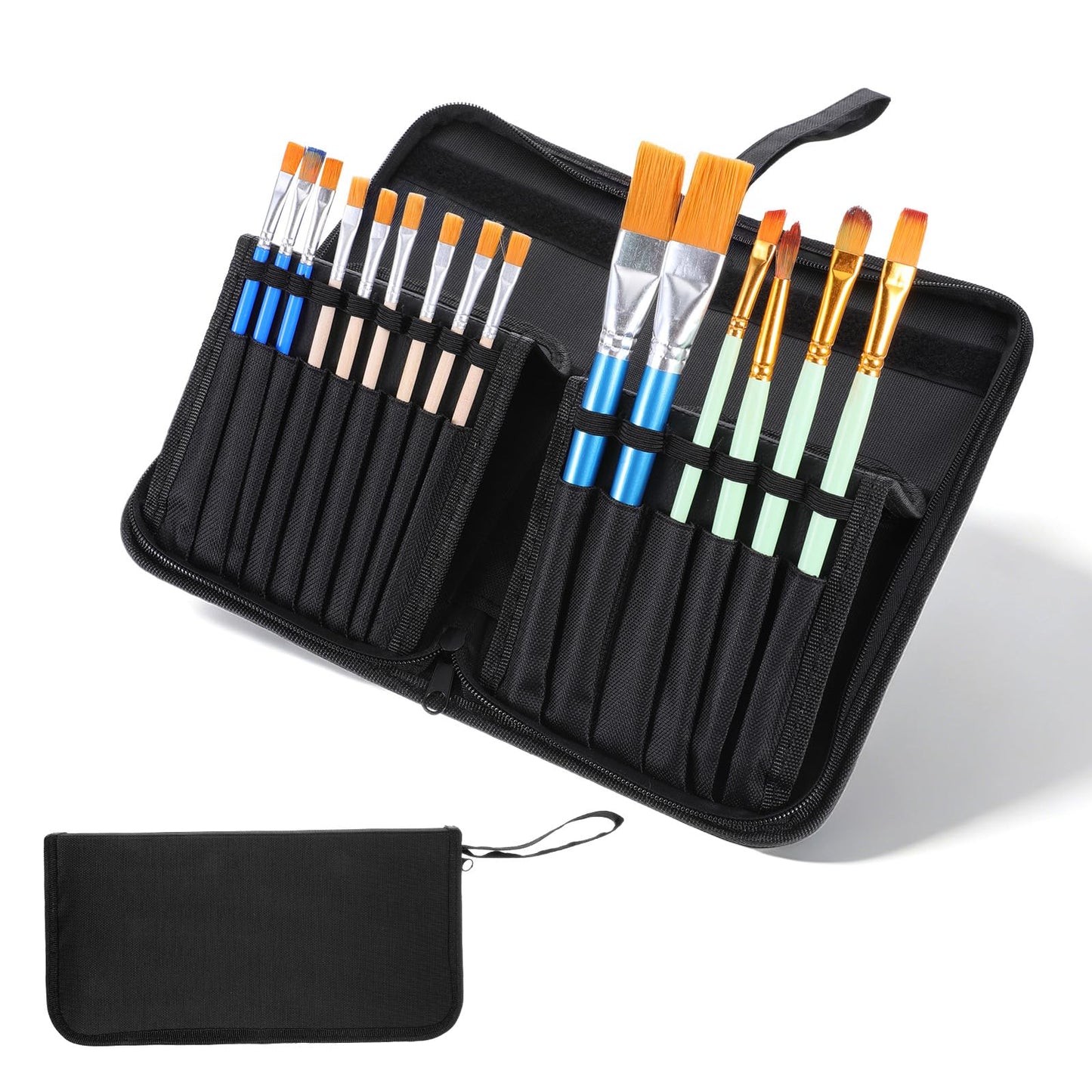 Skrfren Paint Brush Case, Paint Brush Holder with 15 Slots Canvas Brush Organizer with Pop-Up Stand Design Travel Watercolor Brushes Holder Zipper Closure for 11 Inch Art and Makeup Brushes Black