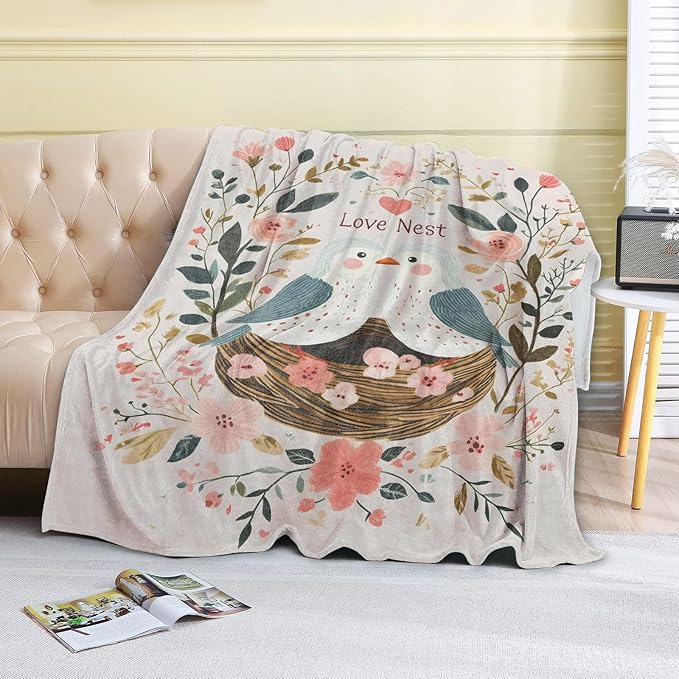Bird Love Nest Fleece Blanket - 40x50in Cute Two Birds Flower Romantic Throw Blankets,Soft Cozy Lightweight, Ideal for Bed Living Room Home Whimsical Decor and Girls Women Gifts