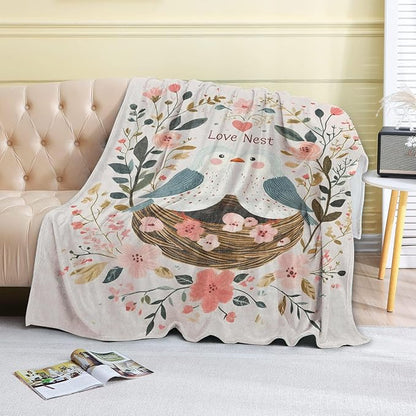 Bird Love Nest Fleece Blanket - 40x50in Cute Two Birds Flower Romantic Throw Blankets,Soft Cozy Lightweight, Ideal for Bed Living Room Home Whimsical Decor and Girls Women Gifts