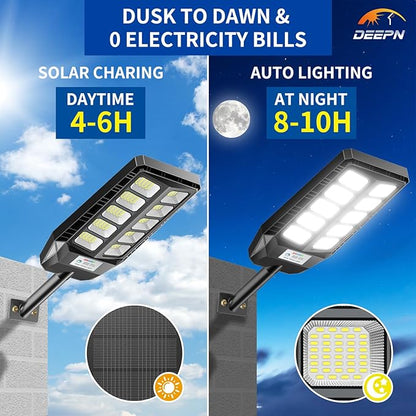 Deepn Solar Lights Outdoor for Outside, IP66 Waterproof Street Lights Outdoor, 6500K Dusk to Dawn Solar Security Flood Lights Motion Sensor with Remote Control for Yard, Entryway Garage, Porch