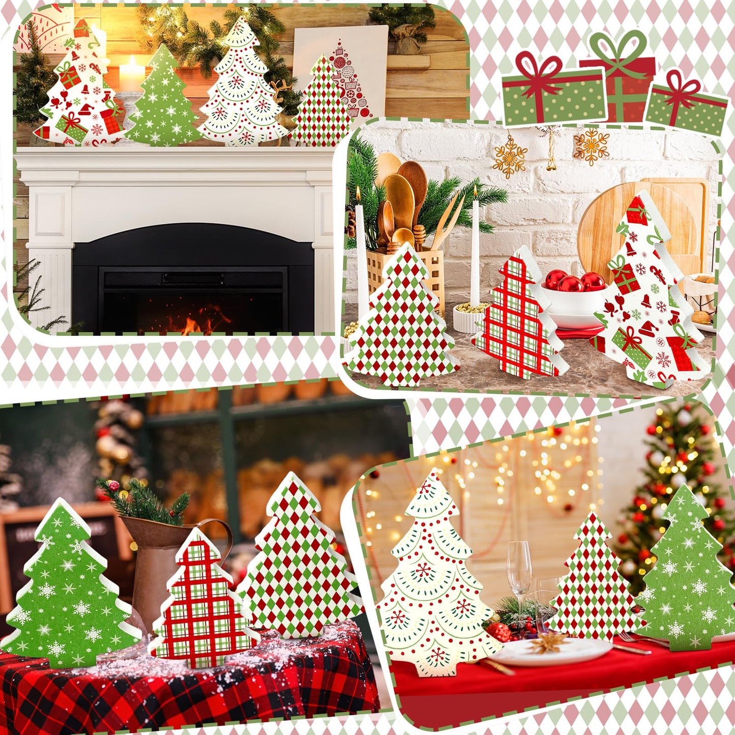 Huwena 5 Pcs Christmas Table Decoration Wooden Xmas Tree Tiered Tray Decor Centerpiece Gift Box Indoor Christmas Tree for Shelf Mantel Fireplace Home Party (Red Green White Buffalo Plaid)