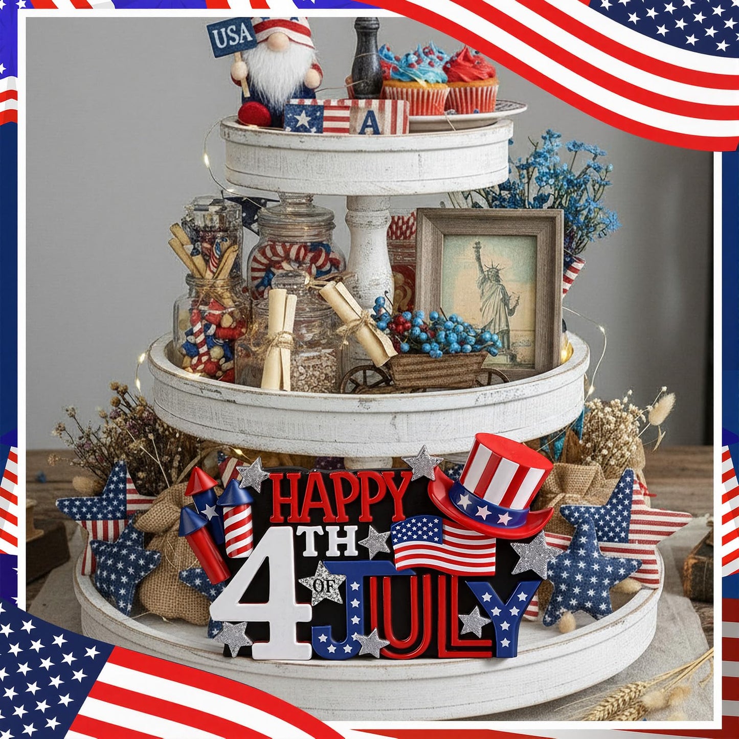 Simgoing 1 Pack Happy 4th of July Decoration Resin Patriotic Figurines Table Decor Red Blue White Sign Independence Day Statue Tabletop Centerpiece for 250th Anniversary Home Office Tiered Tray Shelf