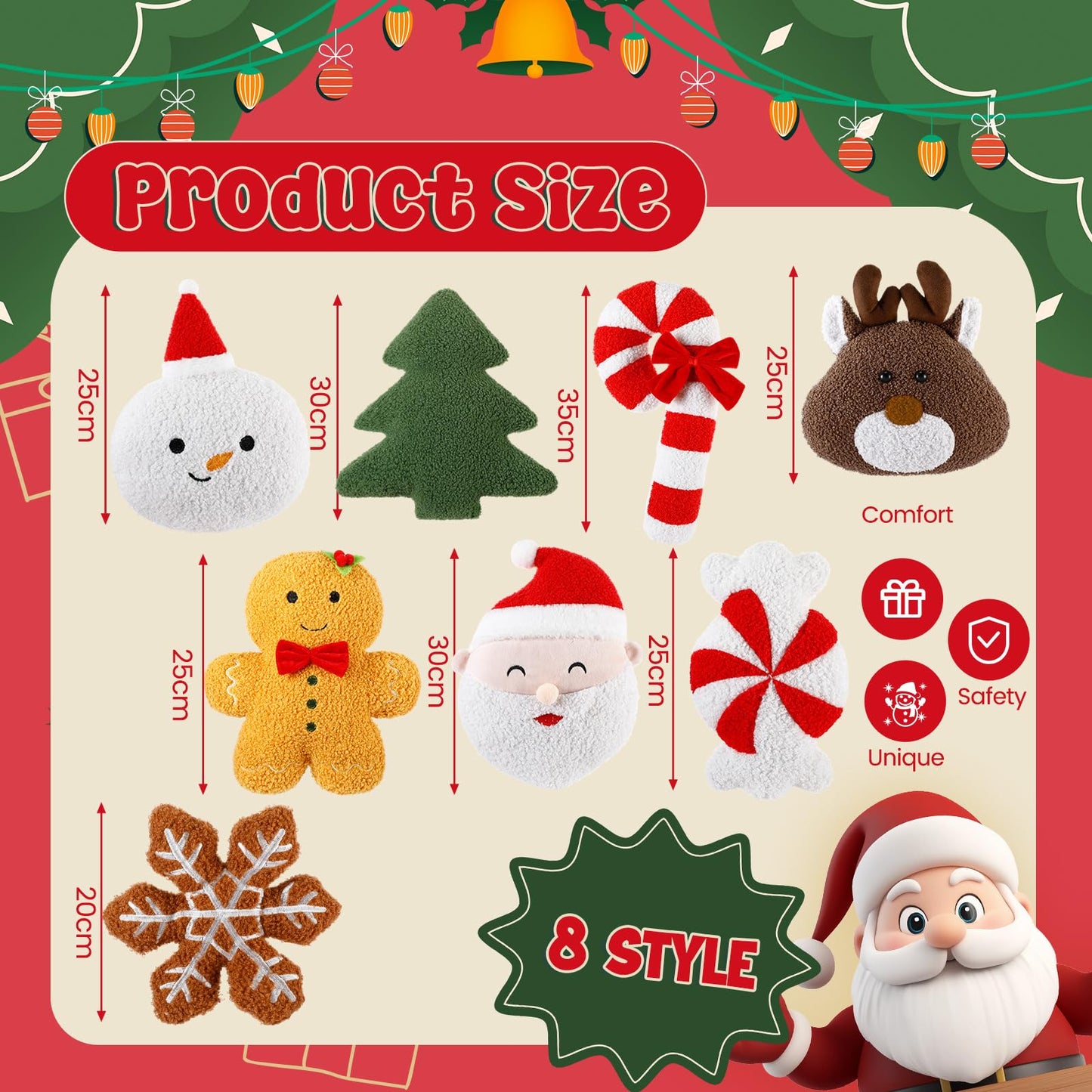 Thyle 8 Pack Christmas Throw Pillows 8''-14'' Decorative Gingerbread Candy Cane Peppermint Xmas Tree Snowflake Elk Santa Claus Stuffed Pillow Sofa Cushion for Christmas Party Couch Decoration