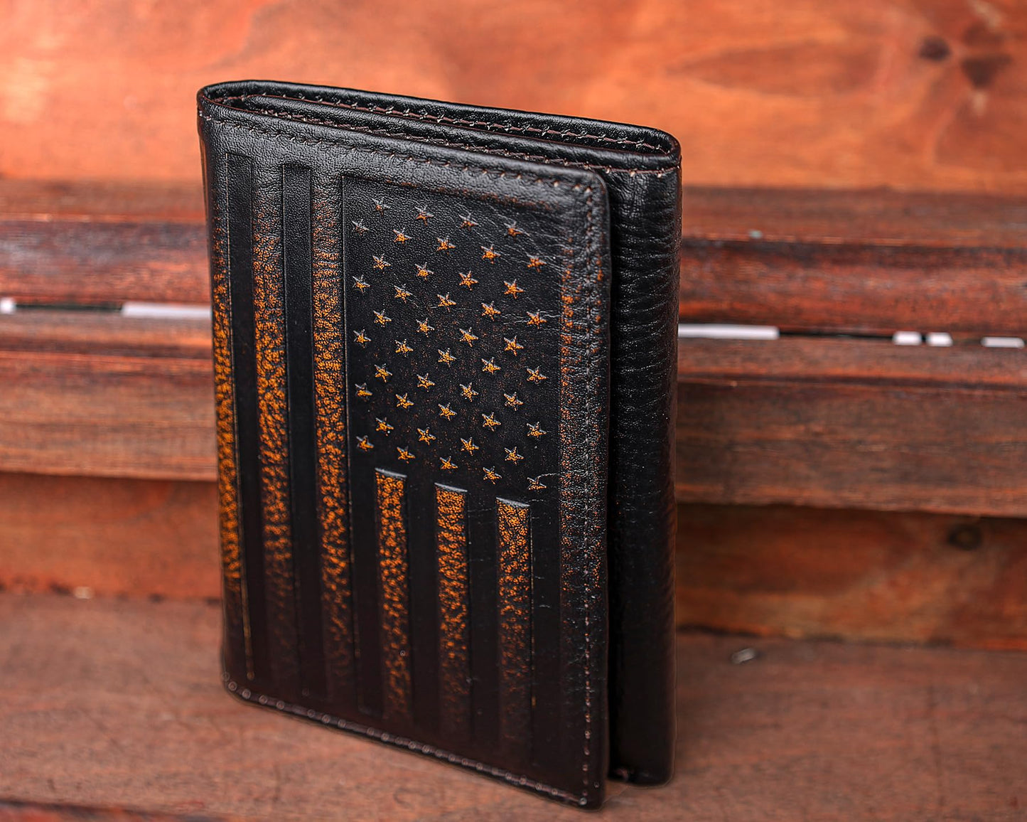 DK86 USA Flag Trifold Wallets for Men American Flag Wallet Full Grain Leather with Hand Burnished Tri-Fold Wallet RFID Blocking