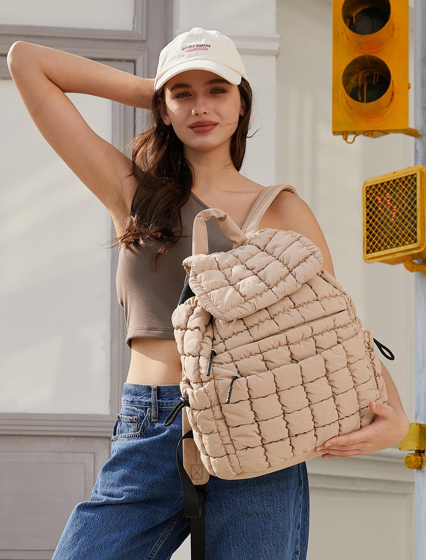 CLUCI Puffy Quilted Backpack for Women, Casual Lightweight Daypack for Women Travel (Khaki)