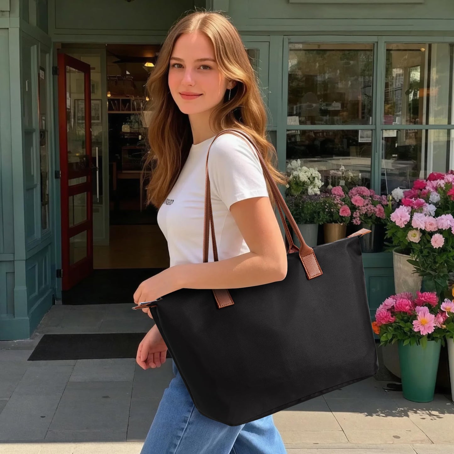 DIXEIGHT Tote Bag for Women, Casual Hobo Bag Vegan Leather Top-Handle Purse Foldable Shoulder Nylon Zipper Handbag