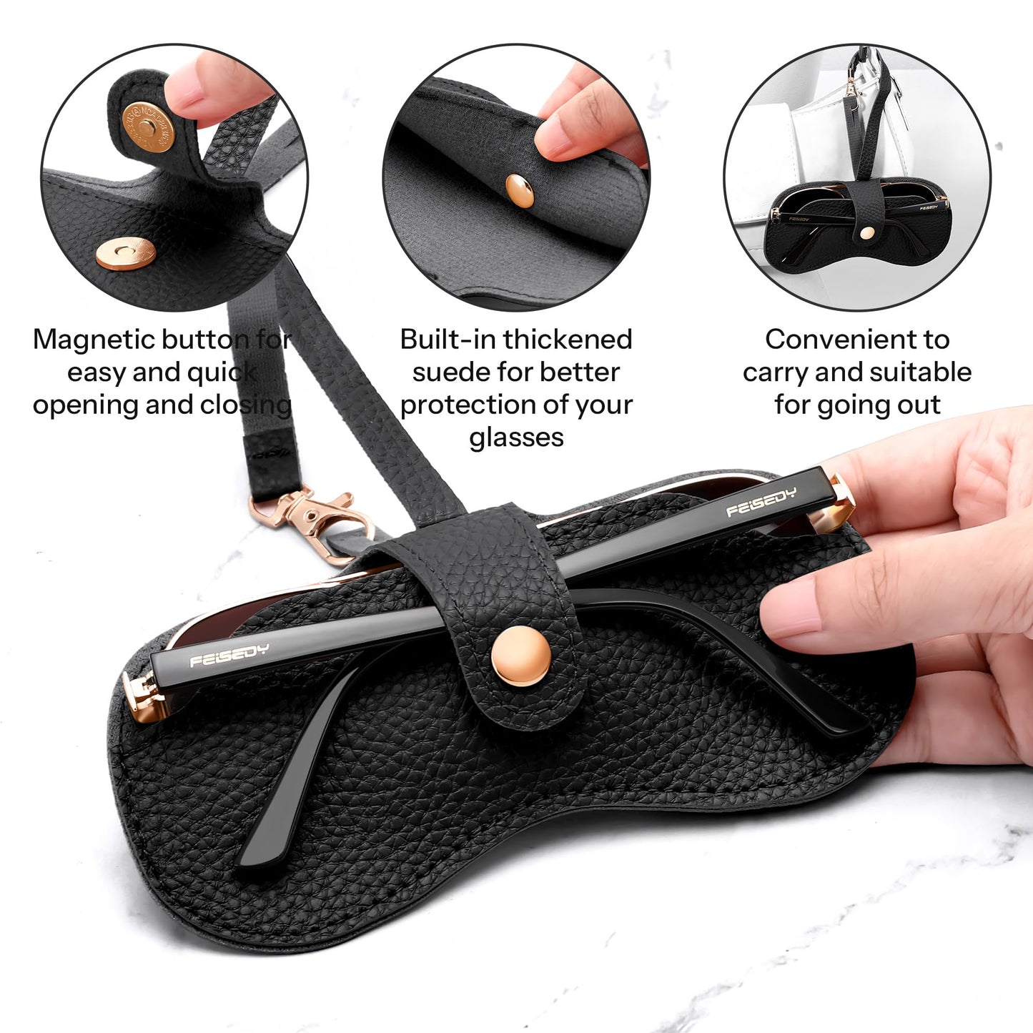 FEISEDY 2Pack Soft Leather Sunglass Case-Slim Portable Glasses Holder with Button-Closure Wrist Strap for Travel & Outdoor B0308