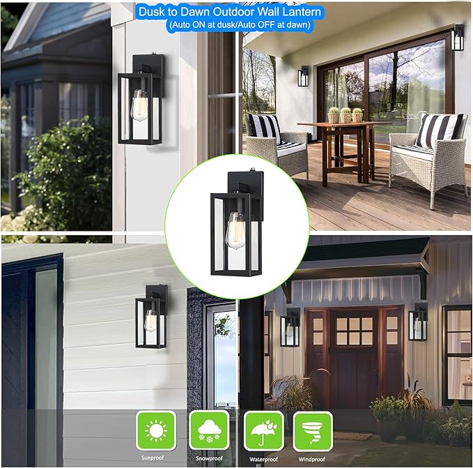 GRUENLICH Dusk to Dawn Large Outdoor Wall Lantern, Wall Sconce as Porch Lighting Fixture, E26 Base Max 60W, Metal Housing with Glass Shade (Black, 1-Pack)
