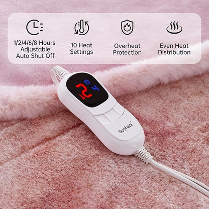 Guohaoi Heated Blanket Electric Throw, Soft Faux Rabbit Fur Electric Blanket with 10 Heating Levels 5 Sitting Timer Auto Off, Cozy Warm Heating Blankets, Machine Washable(84"×90" Pink)