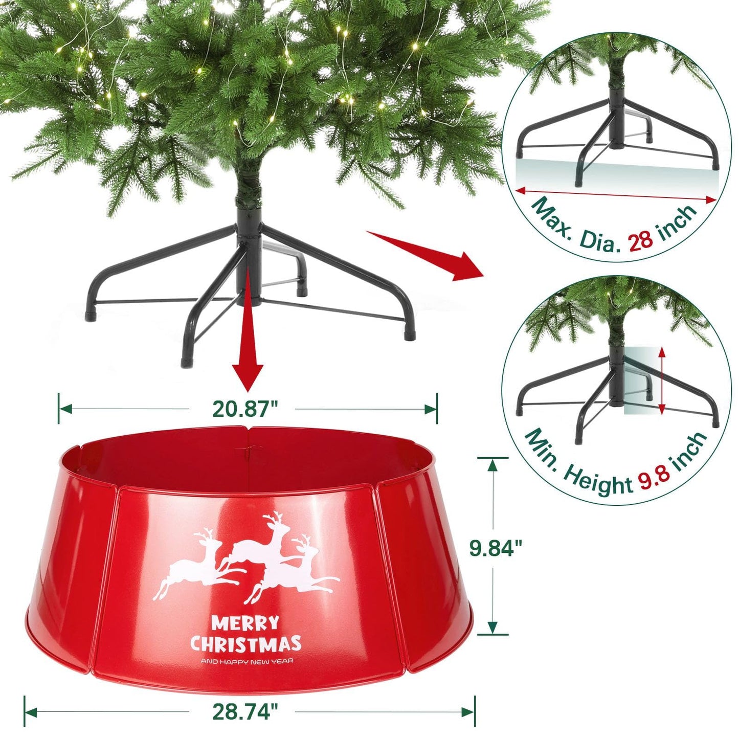 HarcoHome Metal Christmas Tree Collar, 5-Panel Circular Tree Skirt, Durable Red Tree Ring, Iron Construction Base Cover for Xmas Decoration (Top 20.9in, Bottom 28.7in, Height 9.8in)