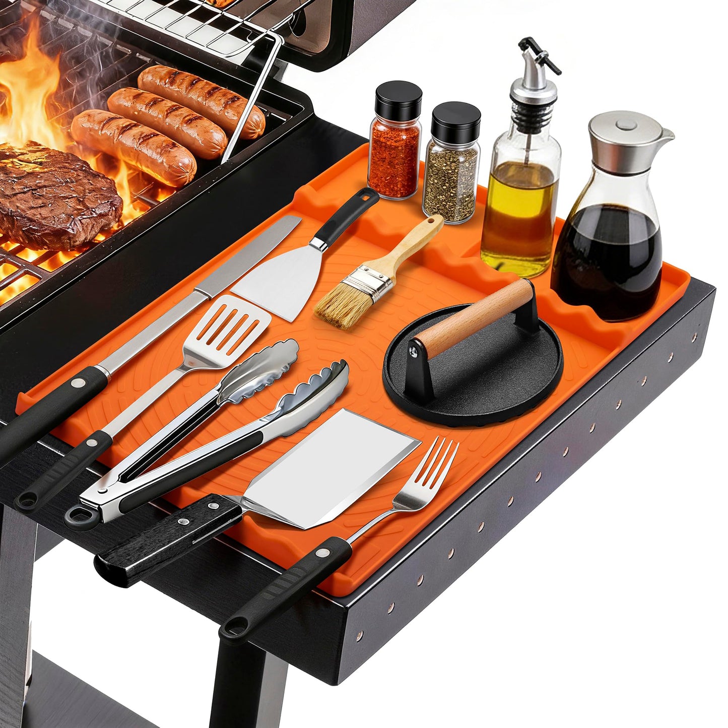 Silicone Grill Mat for Blackstone - BBQ Griddle Tools Side Mat with Drip Pad, Griddle Tools Mat for Outdoor Kitchen Countertop, BBQ Grill Accessories Gifts for Men (Orange)
