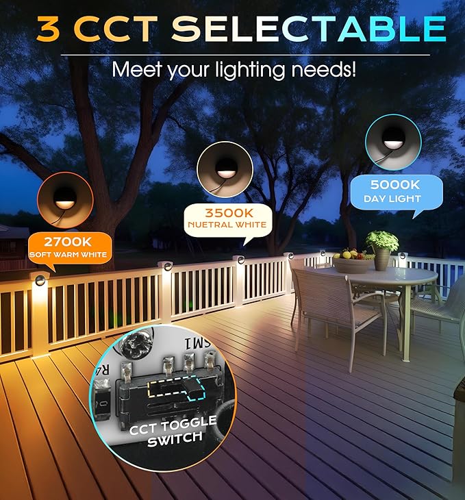 CLOUDY BAY [6 Pack] 3CCT Low Voltage LED Deck Lights Outdoor,2700K/3500K/5000K Selectable,Landscape Step Stair Railing Fence Light Wired,3W,12V-24V AC/DC,Bronze