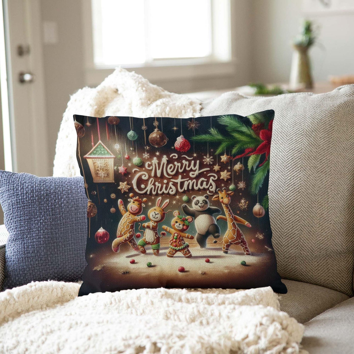 Throw Pillow Cover 20x20 Inch,Gingerbread Cow Rabbit Mouse Panda Giraffe Dancing Ornaments Pine Branches Merry Christmas Throw Pillow Case,Home Decor Cushion Covers for Sofa Living Room Couch Bed