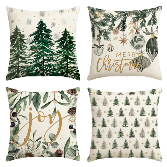 AVOIN colorlife Merry Christmas Trees Snowflake Throw Pillow Covers, 16 x 16 Inch Joy Xmas Balls Winter Holiday Cushion Case Decoration for Sofa Couch Set of 4