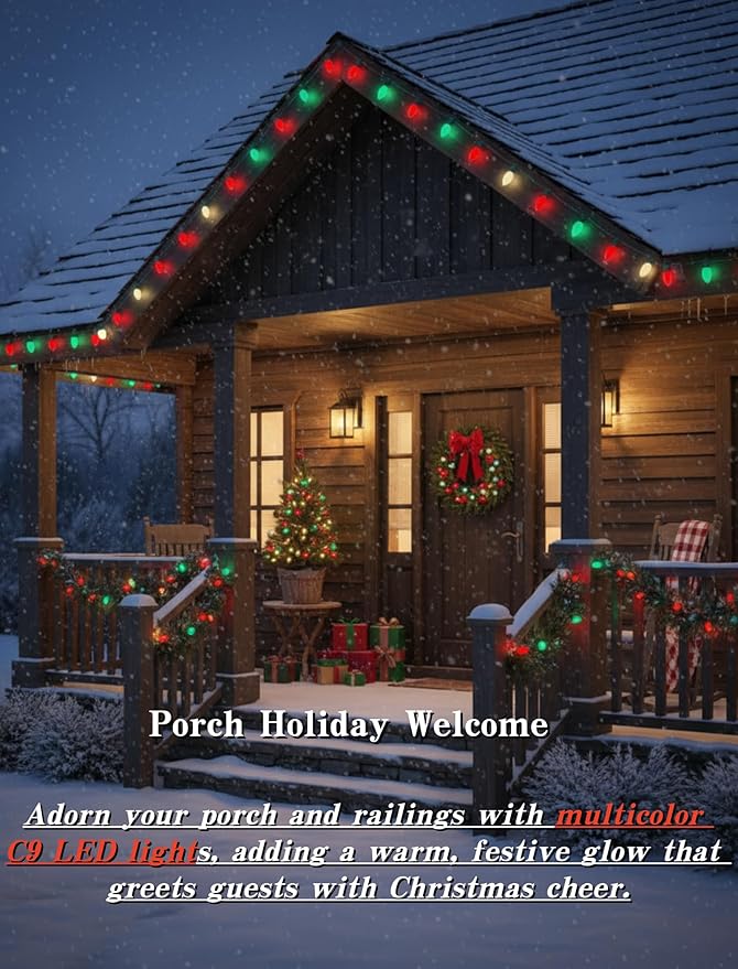 Red Green White LED Christmas Lights,25FT Waterproof C9 Multicolor Christmas Lights Outdoor with 26 Shatterproof Bulbs,Commercial Hanging Xmas Light for Roof Patio Balcony Party Xmas Decor