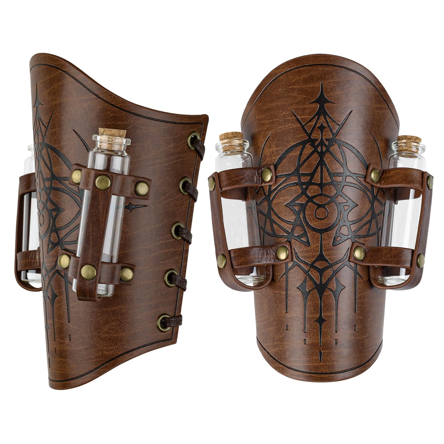 HiiFeuer Women’s Medieval Embossed Alchemy Bracers with 2 Cork Vials, Fantasy Faux Leather Buckle Arm Guards Archer Gauntlets (Brown B)