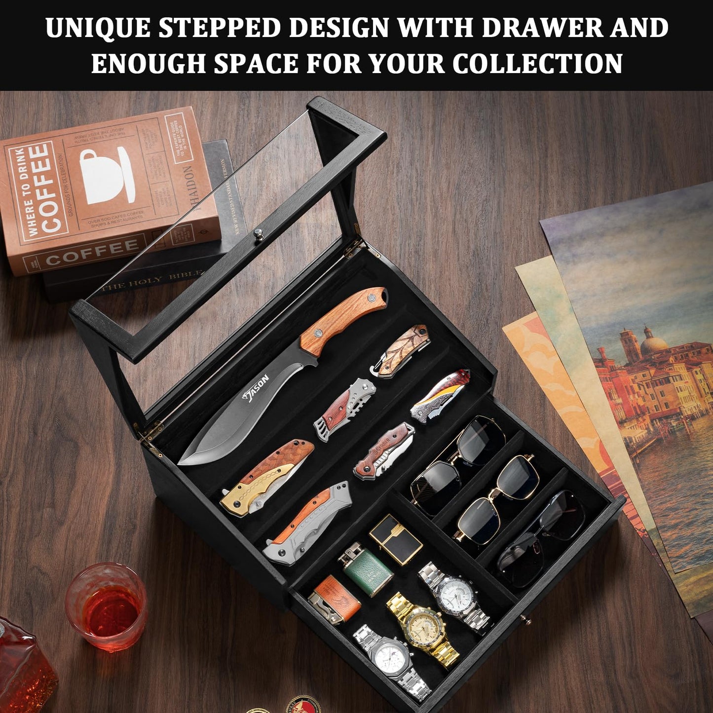 Emfogo Pocket Knife Display Case, Large Knife Collection Box for Folding Knives & EDC Gear, Solid Wood Knife Organizer with Transparent Lid & Drawer, Collector-Grade Gift for Men (Black)