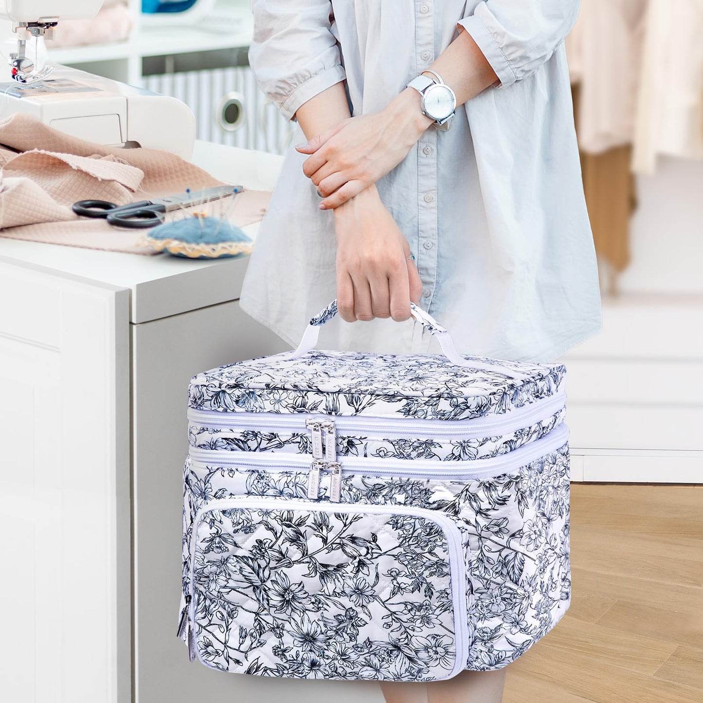 AMOIGEE Double-Layer Sewing Organizer Storage Bag with 2 Detachable Pouches, Large Quilted Sewing Basket for Supplies & Tools, Portable Travel Sewing Kit Case, Gift for Mom(BAG ONLY)