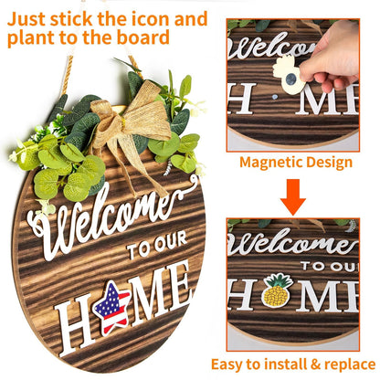 Welcome Sign For Front Door 3D Decor Interchangeable Seasonal Rustic Round Wooden Wreaths Wall Hanging Plaque Outdoor Farmhouse Porch for Spring Summer Fall All Seasons Holiday Halloween Christmas