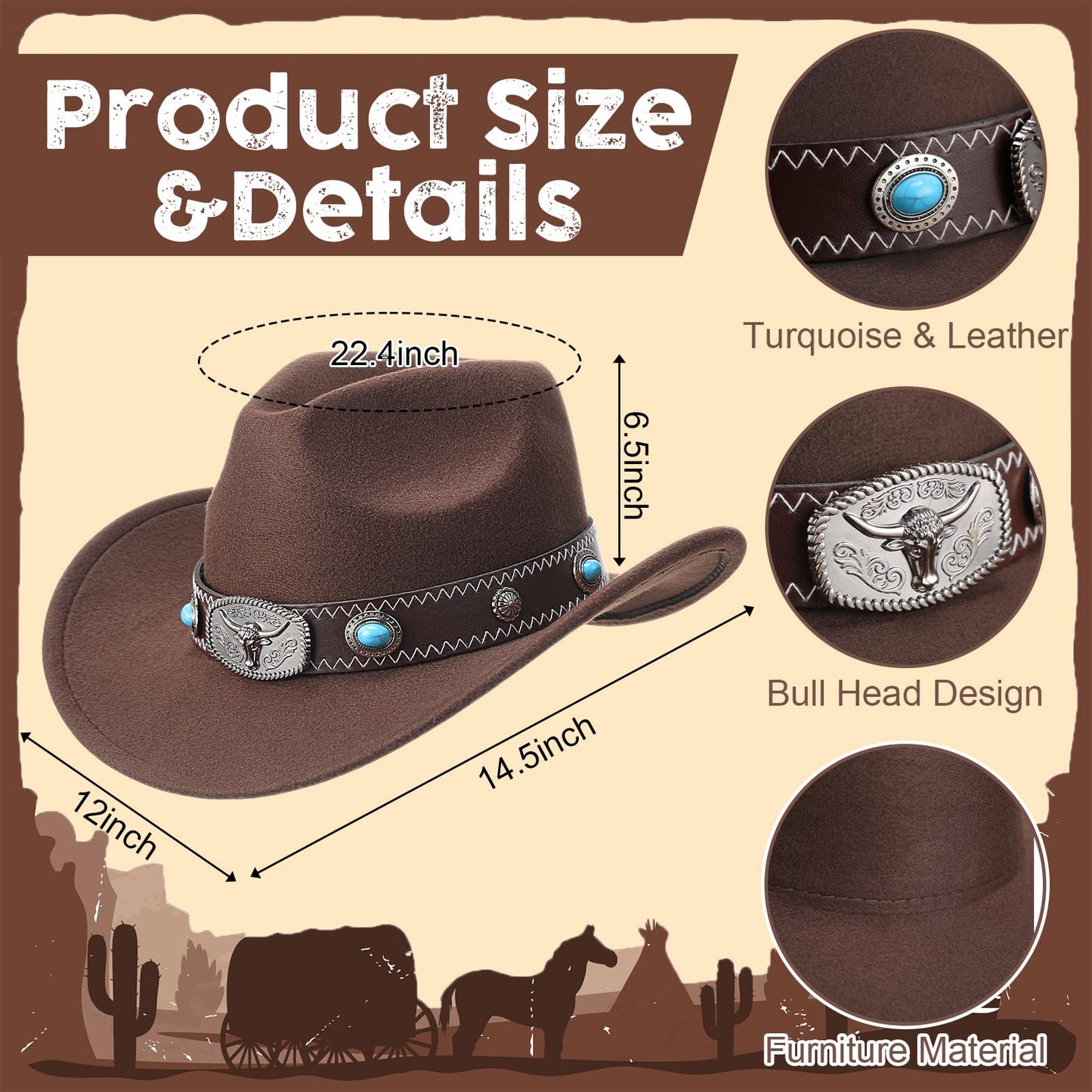 Shyyween 3 Pcs Western Accessories Set for Women Men Wide Brim Cowboy Hat, Cowgirl Leather Necktie Necklace, Western Belts(Brown)