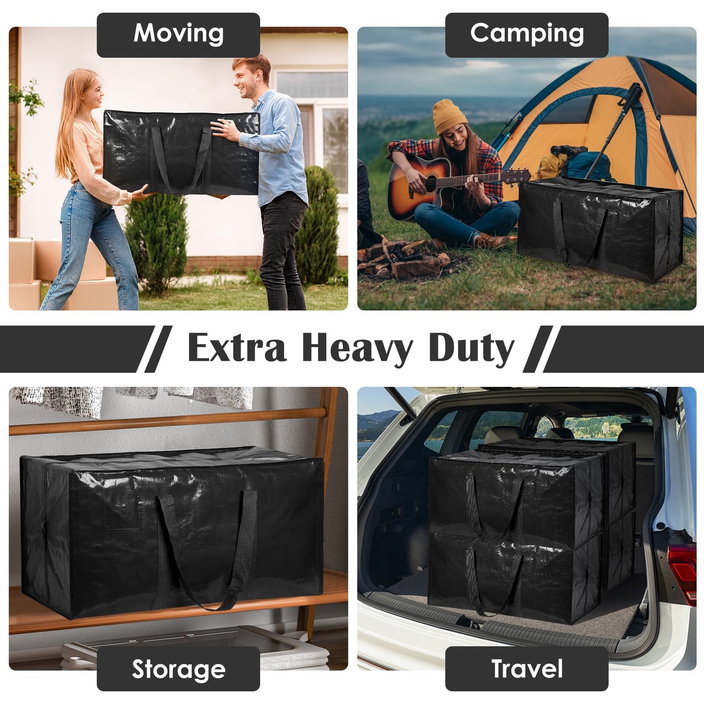 RMOHRO 6 Pack Moving Bags with Full-Open Side Zipper, Extra Large 93L Heavy Duty Waterproof Foldable Storage Totes for College Dorm, Moving & Home Organization Black