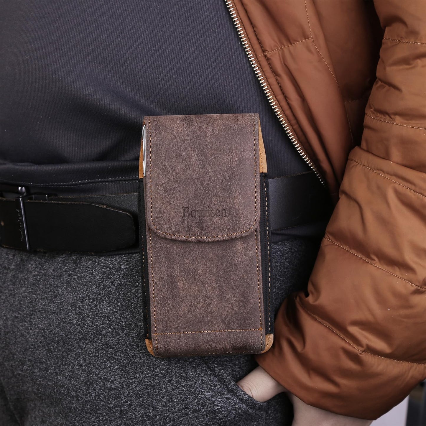 Bourisen Universal Phone Holster Phone Pouch Case Belt Clip Belt Loops Card Slot Faux Leather for Man iPhone 17/16/15pro max,16/15Plus,Samsung S25 24 S23 S22 Ultra (Brown&Yellow, XL(6.6"x3.4"x0.8"))