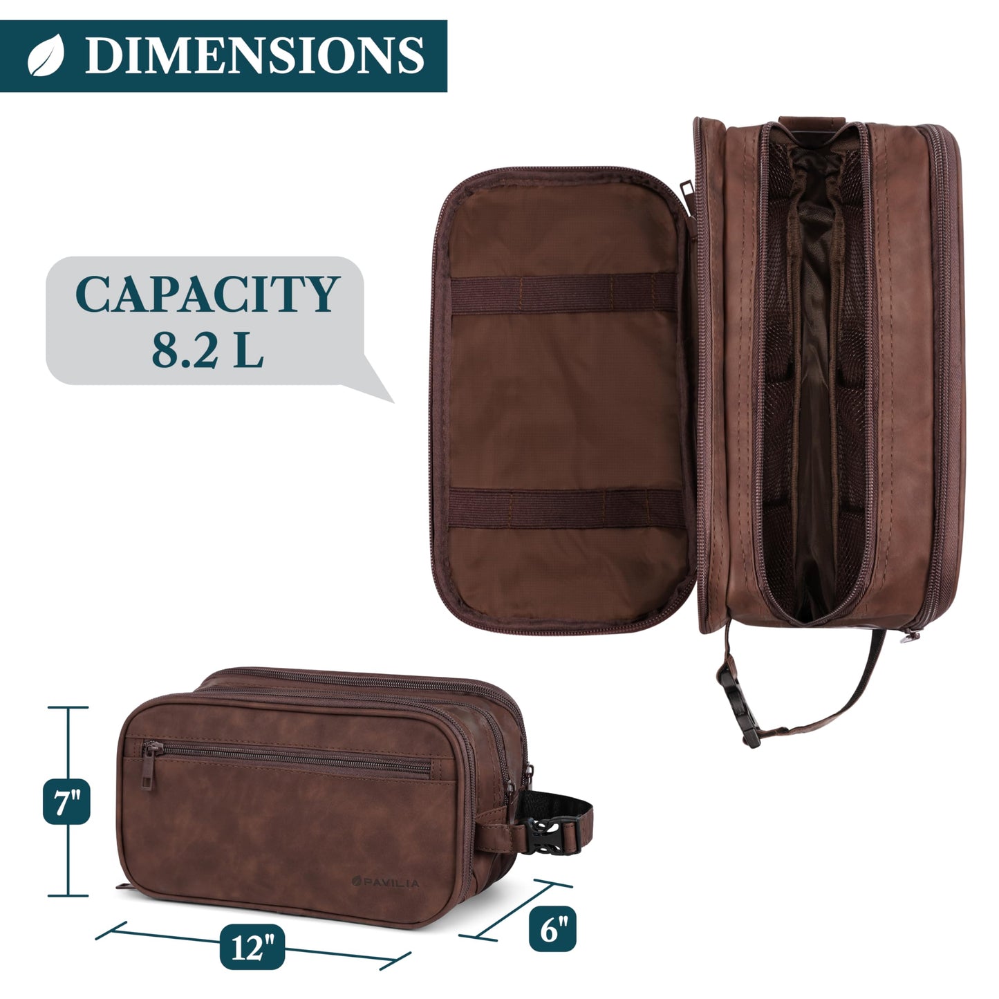 PAVILIA Toiletry Bag for Men, Travel Toiletries Bag | Water-resistant Dopp Kit, PU Leather Shaving Pouch Organizer for Accessories, Cosmetic, Hygiene, Grooming Essentials (Dark Brown)