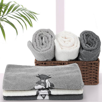 3 Pcs Highland Cow Hand Towels Bathroom Decor Highland Cow White and Gray
