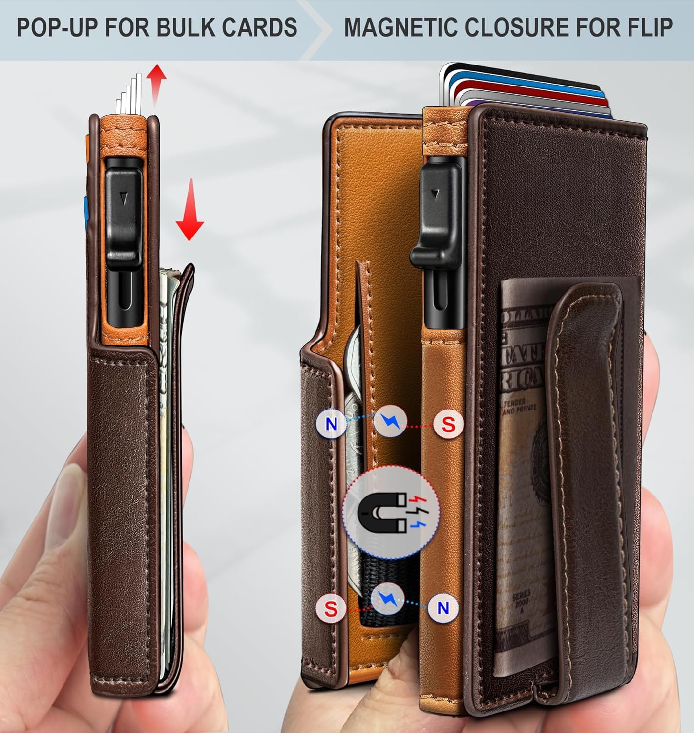 Plinvo Men's Slim Genuine Leather Wallet with Money Clip, Coin Pocket, RFID Blocking, ID Window (Burnt Umber)