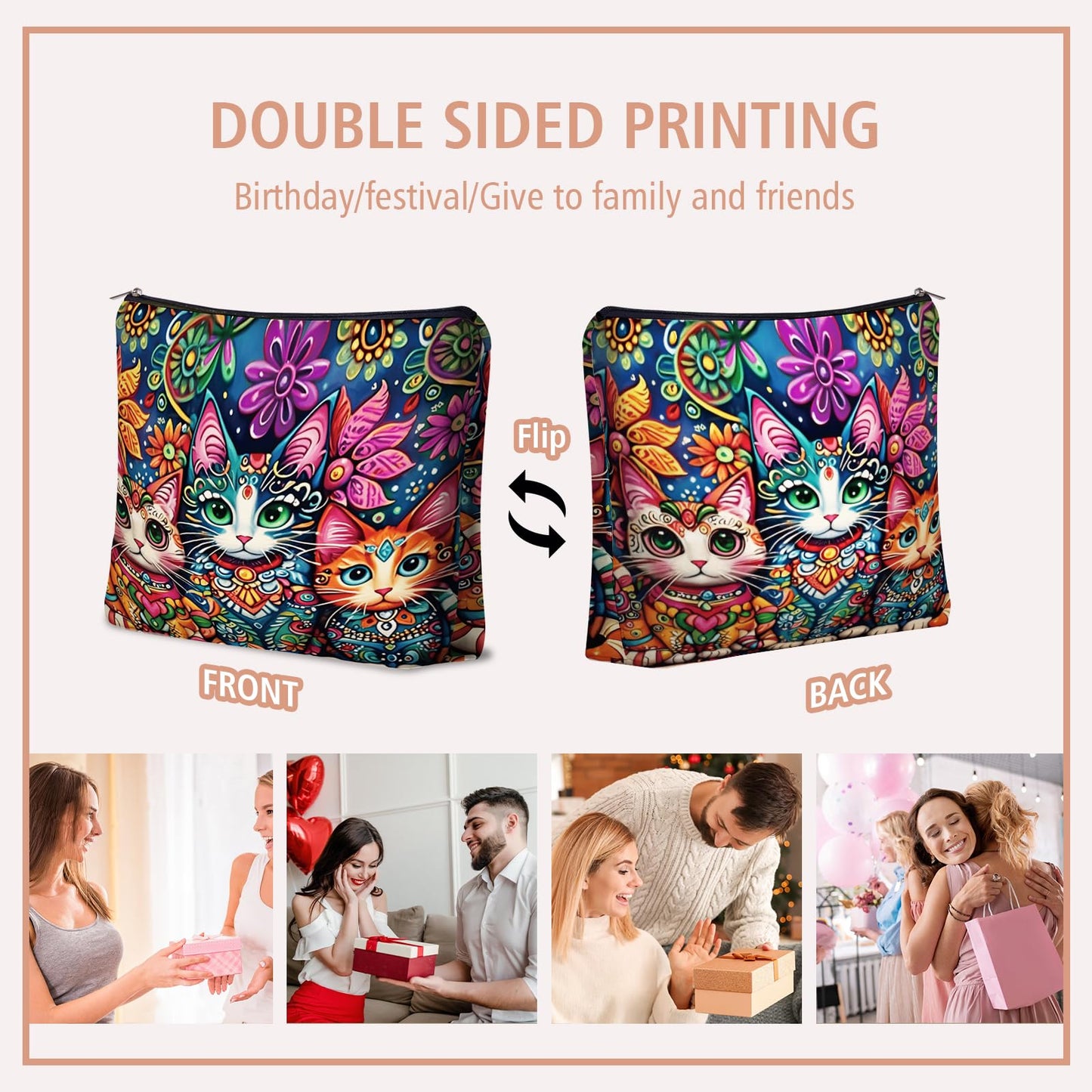 Girlly Mom Bohemian Cat Makeup Bag Gift: Cute Boho Cats Themed Cosmetic & Toiletry Organizer Pouch For Daughters, Sisters, Friends,Teen Girls & Women.Ideal Gift For Travel, Birthdays.