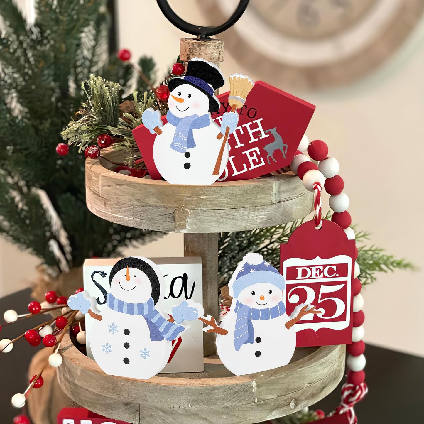 COCHIE Snowman Christmas Decorations Indoor, Cute Winter Tiered Tray Decor Set of 3, Wooden Snowman Blocks Xmas Table Decoration for Party Home Office Shelf Door (Let It Snow)