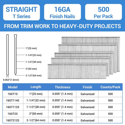 meite 16 Gauge Finish Nails 1-1/4 Inch Galvanized 16GA Straight Finish Nails for Finish Nailer on Window Casing Baseboard Crown Molding, 500PCS x 50 Boxes