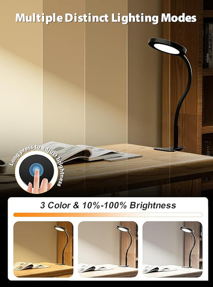 deeloop Clip on Light Infinite Dimmable Reading Lights for Books in Bed Headboard, 450LM Touch Control Clip Reading Lamp, Eye Care 3 Color Temperature Flexible Gooseneck for Bedside Night Light Black