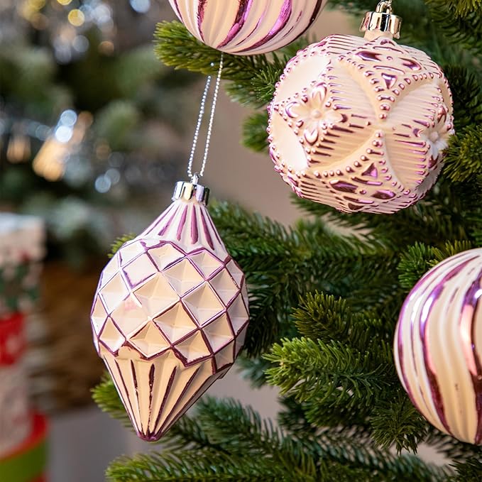 16PCS Shatterproof Christmas Ball Ornaments Set, Hand-Painted Holiday Decor with Assorted Sizes & Designs for Christmas Tree Thanksgiving Party Decoration, Pink-White