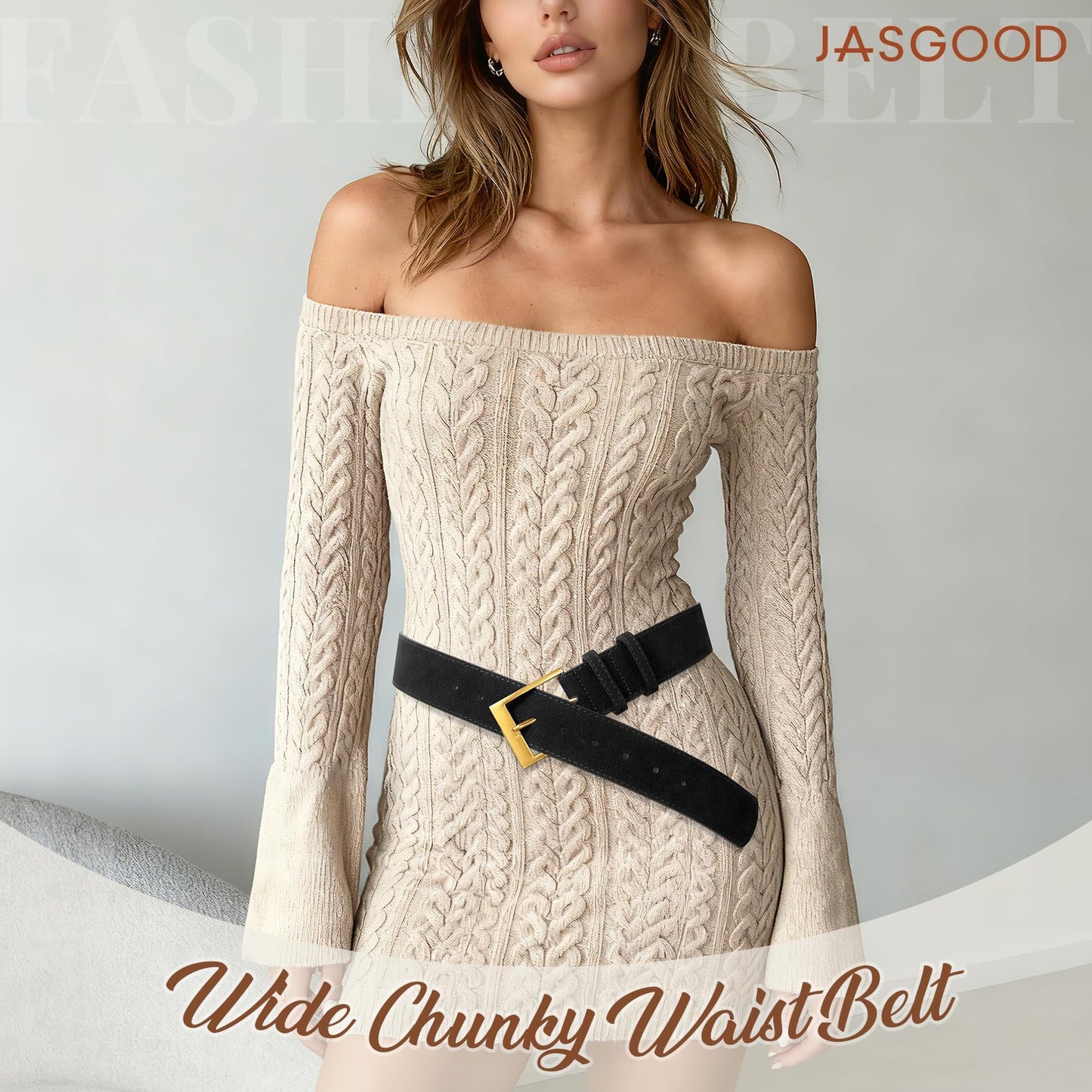 JASGOOD Women Wide Chunky Belt for Dresses Thick Suede Leather Belt with Gold Buckle