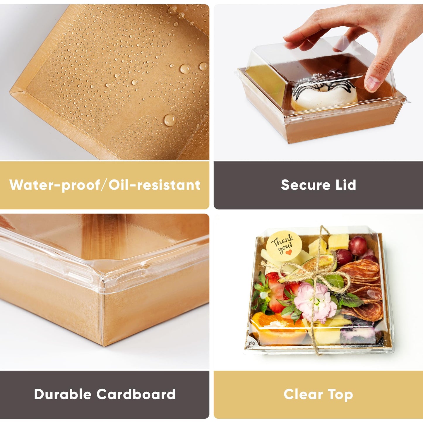 Leafiew 50 Pack Small Charcuterie Boxes with Clear Lids - To Go Paper Mini Charcuterie Box, Disposable Food Containers, 5Inch Dessert Boxes - Sandwich, Cookie, Sushi, Cake Slice, Strawberries (Brown)