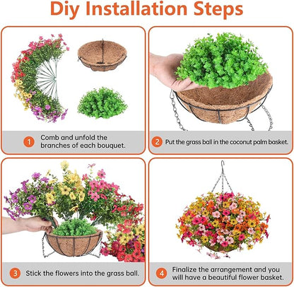 Artificial Fall Flowers with Hanging Baskets Outdoors for Decoration Faux mums for Outdoor planters Fake Mums Artificial Hanging Plants UV Resistant for Autumn Porch Home Patio Decor (Honey Gold)